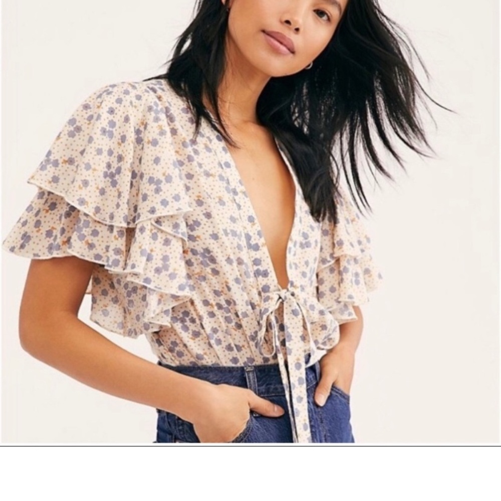 Free People Floral Tie-Front Ruffle Blouse in Cream and Light Blue